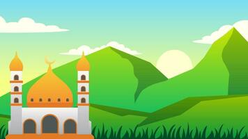 Moschee Landschaft Vektor Illustration. Moschee und Grün Berg im das Morgen zum eid Mubarak. Ramadan Design Grafik im Muslim Kultur und Islam Religion