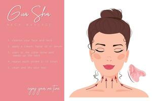 Infografik von gua sha Gesichts- Yoga Hals Massage. Richtung zum Jade Rolle. Akupunktur Antialterung traditionell Chinesisch Medizin selbst Pflege Methode mit Rose Quarz Stein. vektor