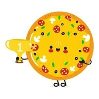 söt rolig pizza håll guld trofén kopp. vektor hand dragen tecknad serie söt karaktär illustration ikon. isolerat på vit bakgrund. pizza med vinnare trofén kopp
