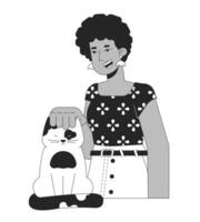 afro hår kvinna strök katt huvud svart och vit 2d linje tecknad serie karaktär. afrikansk amerikan lady anta kattunge isolerat vektor översikt person. sällskapsdjur älskare kvinna enfärgad platt fläck illustration