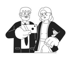 kaukasisch alt Paar nehmen Selfie schwarz und Weiß 2d Karikatur Figuren. Senior männlich halten Smartphone isoliert Vektor Gliederung Personen. Alten Dame posieren monochromatisch eben Stelle Illustration