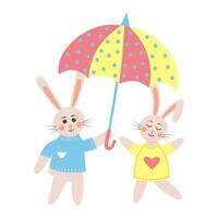 süß Kaninchen im Liebe unter Regenschirm. Hase Junge mit glücklich Hase Mädchen. Karikatur Wald Figuren. vektor