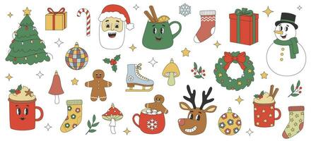 klistermärke packa av tecknad serie jul tecken och element. tomte, snögubbe, ren, pepparkaka man i trendig retro tecknad serie stil. vektor