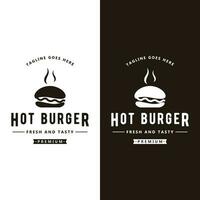 retro Jahrgang heiß Burger frisch und lecker Logo Design. Logo zum Restaurant, Geschäft, Etikett, Abzeichen und Emblem. vektor