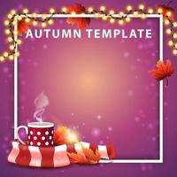 Herbstschablone mit Tasse heißem Tee und warmem Schal vektor