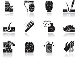 Haarausfall Schlagschatten schwarze Glyphe Icons Set vektor