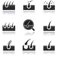 Haarausfall Schlagschatten schwarze Glyphe Icons Set vektor