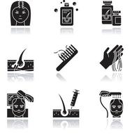 Haarausfall Schlagschatten schwarze Glyphe Icons Set vektor