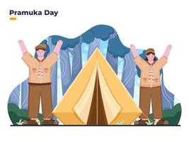 Illustration des Pramuka-Tages mit Pramuka-Junge und -Mädchen im Camp vektor