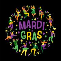 Mardi Gras. Vektor illustration av roliga dansande män och kvinnor i ljusa kostymer