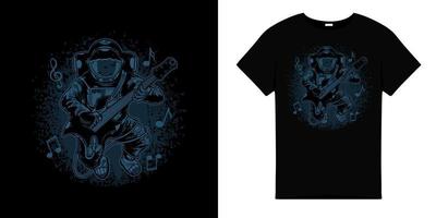 T-Shirt-Design mit Astronaut, der Gitarre in blauer Farbe spielt. vektor
