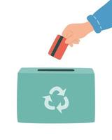 Hand lässt gebrauchte Plastikkarten zum Recycling in den Mülleimer fallen vektor