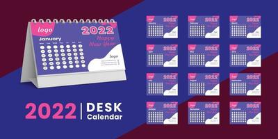 ställa in skrivbordskalender 2022 malldesign, uppsättning om 12 månader, vektor