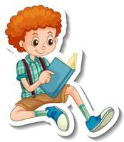 klistermärkesmall med en pojke som läser en boktecknad karaktär isolerad vektor