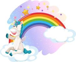 süßes Einhorn am Pastellhimmel mit Regenbogen vektor