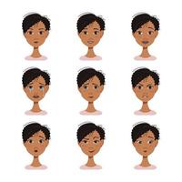 ansiktsuttryck avatarer av afroamerikansk kvinna med mörkt hår vektor