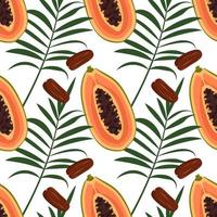 sömlösa mönster med papaya frukter, dadlar och palmblad vektor