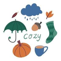 Herbst-ClipArt-Set - Wolke, Regenschirm, warme Socke, Eichel, Kürbis vektor