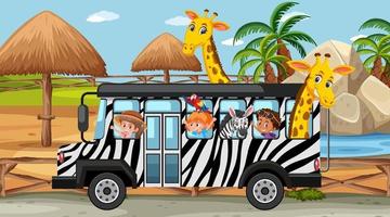 Safariszene tagsüber mit Kindern und Tieren im Bus vektor
