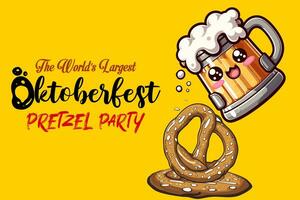 oktober fest Semester bakgrund med pretzel och öl ölkrus glas. berömd tysk oktober fest dag fest bavaria festival baner. öl mugg, jätte pretzel, råna med skum traditionell mat av Tyskland. vektor