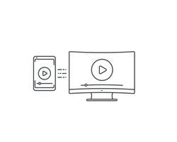Video abspielen, Bildschirmspiegelung mit TV- und Smartphone-Vektorliniensymbol vektor