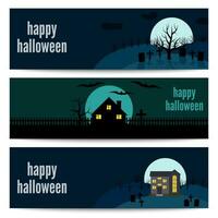 horizontal Banner einstellen mit einsam Haus auf das Hintergrund von das Mond und das Inschrift glücklich Halloween. Vektor Illustration