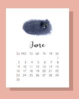Juni Kalender 2024 mit Hand gezeichnet Aquarell schwarz Katze. Kalender 2024. Sommer- Kalender 2024 mit Niedlich, flauschige Katze. vektor