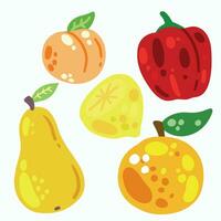 frukt och grönsaker isolerat på vit. uppsättning av färsk vegetarian mat. utsökt ljuv mellanmål efterrätt i färgrik tecknad serie stil. peppar, päron, aprikos, persika och citron. vektor