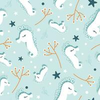 sömlös vektor mönster - sjöhästar simning under vattnet. söt sommar skriva ut med hand dragen i tecknad serie stil rolig stiliserade hav djur, korall rev växter för barn textil, tapet, omslag papper