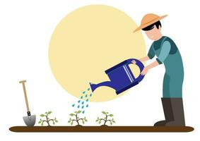 vektor illustration av en trädgårdsmästare vattning en vegetabiliska trädgård i en platt stil. en jordbrukare i en blå enhetlig med trädgård Utrustning vattning burk, skyffel, kvast, vagn växer växter