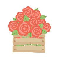 hölzern Box mit Hand gezeichnet rot Rosen Blumen. Vektor Illustration. einfach eben Stil.