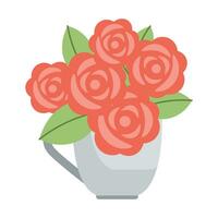 Coffee kopp hand dragen röd ro blommor. vektor illustration. enkel platt stil.