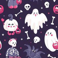 halloween sömlös mönster. söt tecknad serie tecken i lila färger. bebis skelett, pumpa, spöken tiggeri för sötsaker. för tapet, utskrift på tyg, omslag, bakgrund vektor