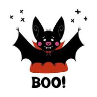 niedliche Cartoon-Vampirfledermaus mit Reißzähnen und rotem Umhang und Boo-Wort vektor