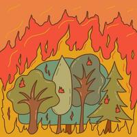 skog brand, brinnande träd, massa av rök. vektor