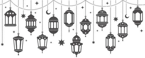 Ramadan Laternen Girlande mit Sterne und Halbmond Monde. islamisch Muster mit Lampen. Muslim Dekoration zum Gruß Karte. Vektor aufwendig Vorlage