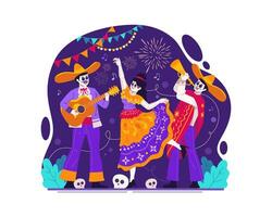mexikansk dag av de död, dia de los muertos skelett tecken. catrina dans och mariachi musiker med sombrero spelar gitarr och trumpet vektor