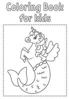 färg bok för ungar. söt sjöjungfru enhörning. glad karaktär. vektor illustration. söt tecknad serie stil. fantasi sida för barn. svart kontur. isolerat på vit bakgrund.