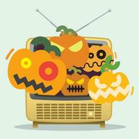 galen pumpor brusting ut av de tv sändningar platt design vektor illustration. Lycklig halloween hälsning kort mall.