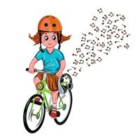 en flicka i en hjälm på en cykel. vektor illustration på en barns tema. design element för hälsning kort, inbjudningar, affischer, banderoller, bok illustrationer.