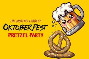 Oktoberfest Urlaub Hintergrund mit Brezel und Bier Stein Glas. gefeiert Deutsche Oktoberfest Tag Party Bayern Festival Banner. Bier Becher, Riese Brezel, Becher mit Schaum traditionell Essen von Deutschland. vektor