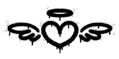 spray målad graffiti hjärta vingar ikon sprutas isolerat med en vit bakgrund. graffiti kärlek vingar symbol med över spray i svart över vit. vektor