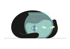 katt ser genom akvarium glas spelar med fisk. söt tecknad serie söt rolig katt karaktär. vektor illustration