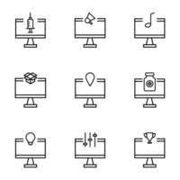 uppsättning av tecken för ui, annonser, böcker dragen i linje stil. redigerbar stroke. ikoner av spruta, megafon, musikalisk notera, låda, medicin, Karta stift, medicin, Glödlampa, vinna på dator vektor