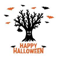 torrt roligt träd med hängande fladdermus och flygande fladdermöss lyckligt halloween-kort vektor