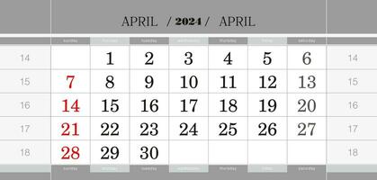 April 2024 vierteljährlich Kalender Block. Mauer Kalender im Englisch, Woche beginnt von Sonntag. vektor