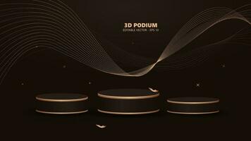 schwarz Luxus Hintergrund mit drei Produkt Anzeige Podium und golden Linie Elemente und Licht bewirken vektor
