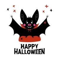 söt vampyrfladdermus med huggtänder och röd kappa halloween gratulationskort vektor