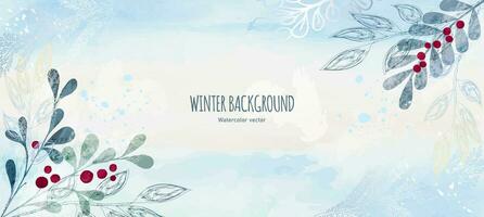 Winter Aquarell Hintergrund. Hand gezeichnet Fichte Geäst, Beeren und Blätter. zart Blau Töne. botanisch Design zum Hintergrund, Poster, Netz, Postkarte, Abdeckung, Glückwunsch. horizontal Orientierung vektor