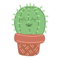 süß saftig Kaktus im ein Topf mit ein komisch Karikatur Gesicht. isoliert Vektor Illustration mit ein Lachen Kaktus. ein emotional stachelig Pflanze im ein gemalt Topf. Drucken zum Aufkleber, Postkarten, Sublimation